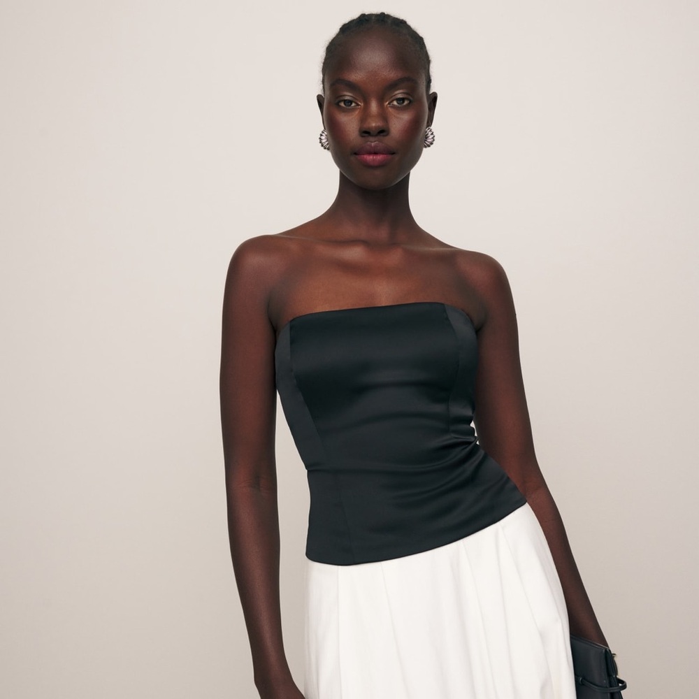 Reformation Giorgia black satin strapless top